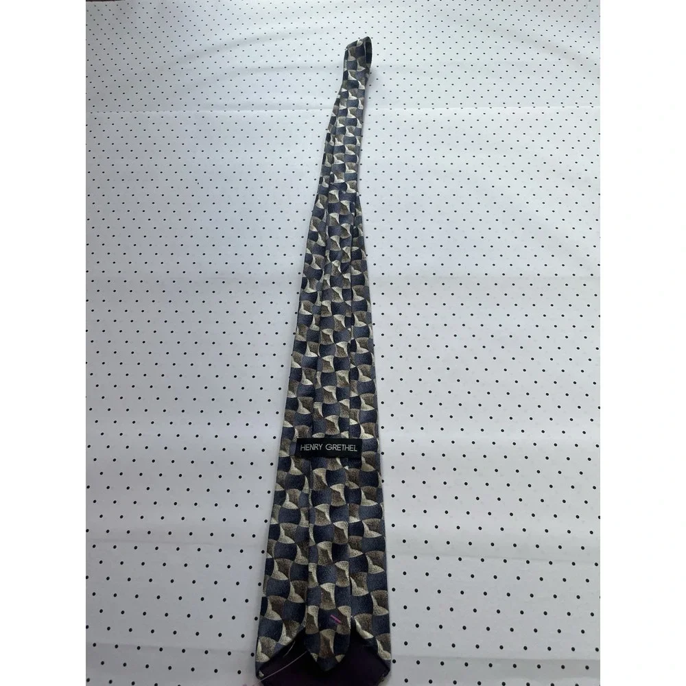 Vintage Henry Grethel Geometric Silk Tie Blue Taupe Abstract Necktie